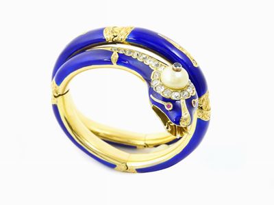 Bracciale Animalier in Oro Giallo, Smalti, Diamanti, Rubini e Perla