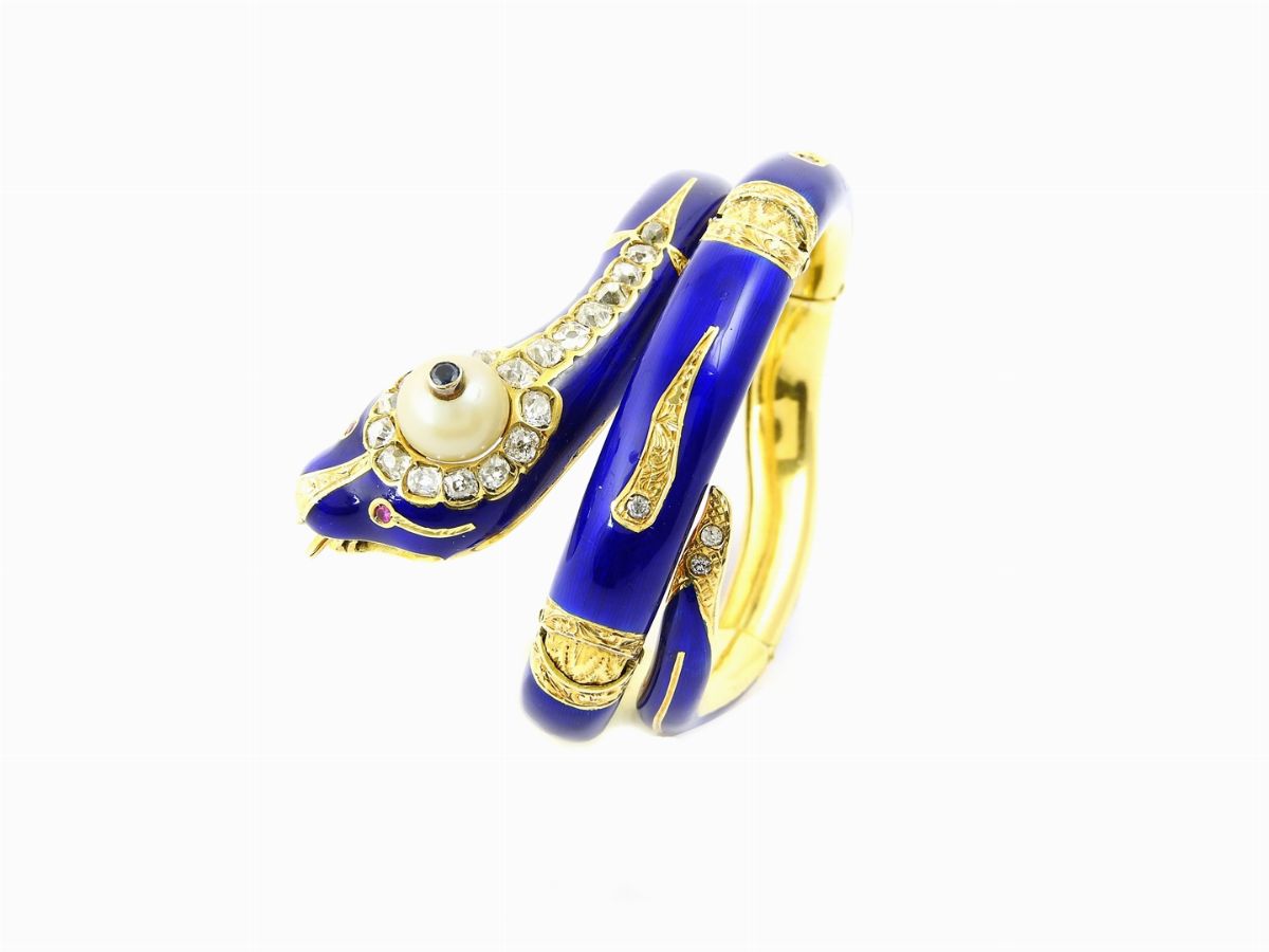 Bracciale Animalier in Oro Giallo, Smalti, Diamanti, Rubini e Perla