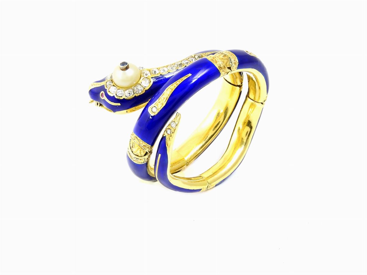 Bracciale Animalier in Oro Giallo, Smalti, Diamanti, Rubini e Perla