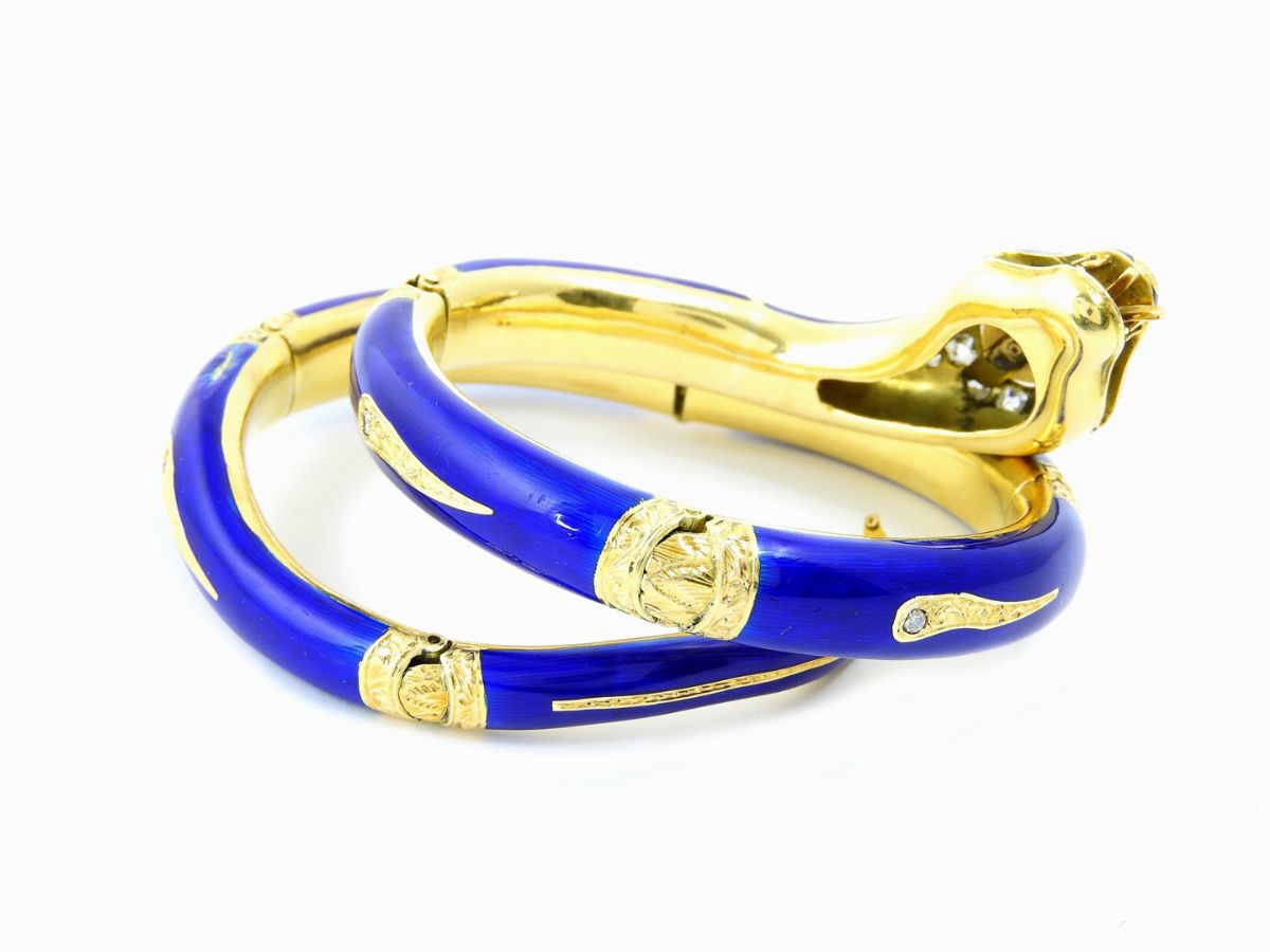 Bracciale Animalier in Oro Giallo, Smalti, Diamanti, Rubini e Perla