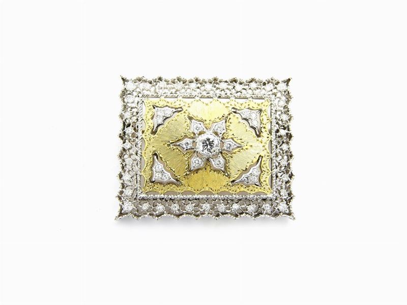 Spilla a Piastra in Oro Bianco e Giallo con Diamanti