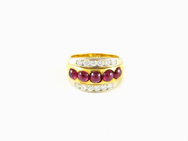 White and yellow gold triple band ring with diamonds and rubies