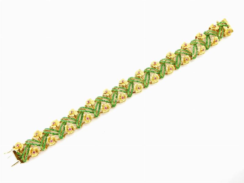Bracciale Unoaerre in Oro Giallo, Smalti e Rubini
