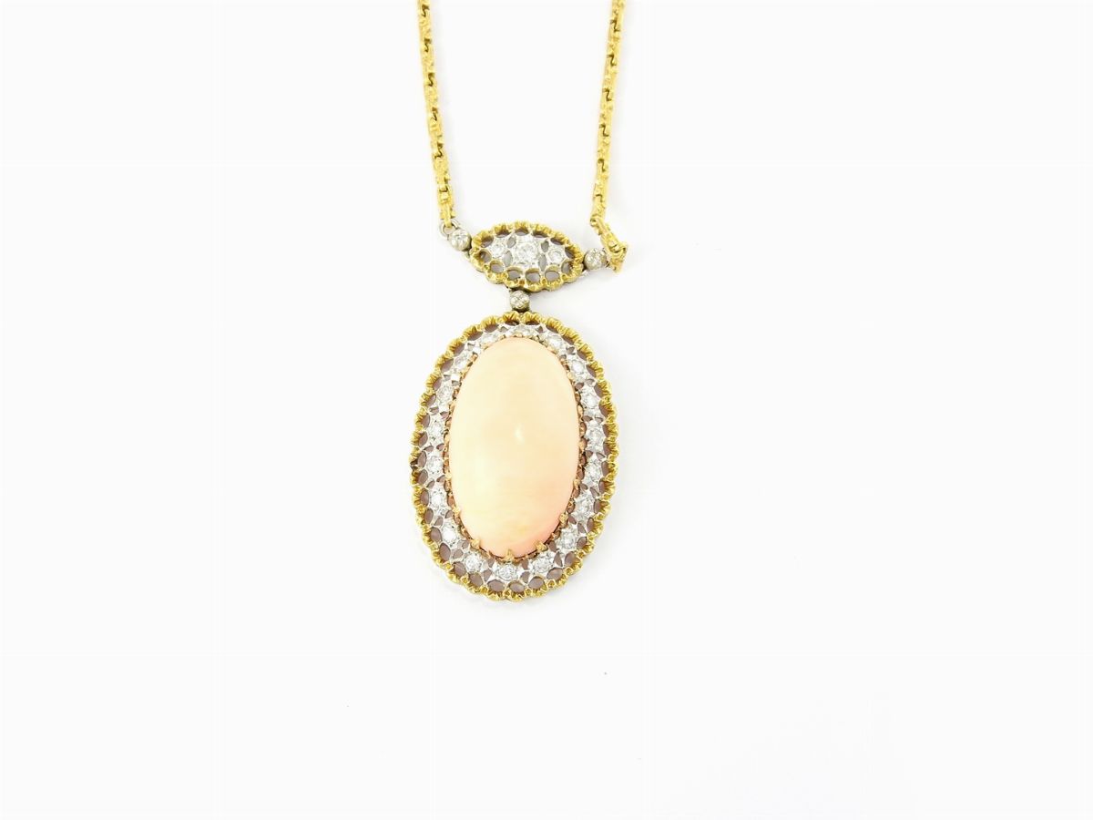 Demi Parure C. Molinari Collana e Orecchini in Oro Giallo e Bianco, Diamanti e Corallo Rosa