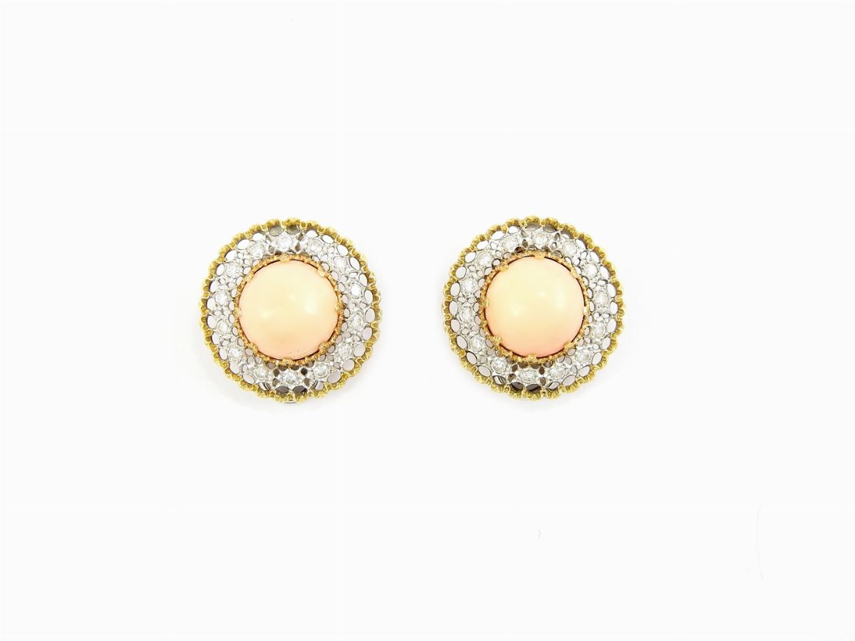 Demi Parure C. Molinari Collana e Orecchini in Oro Giallo e Bianco, Diamanti e Corallo Rosa