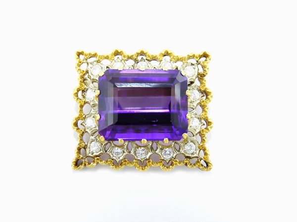 Yellow and white gold brooch C. Molinari with diamonds and amethyst quartz