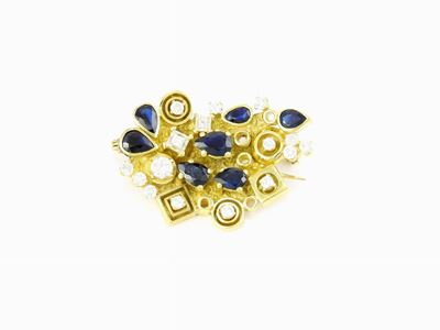 Spilla di Design in Oro Giallo, Diamanti e Zaffiri