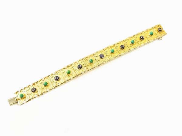 Pink and yellow gold panel bracelet with sapphires and turquoises
