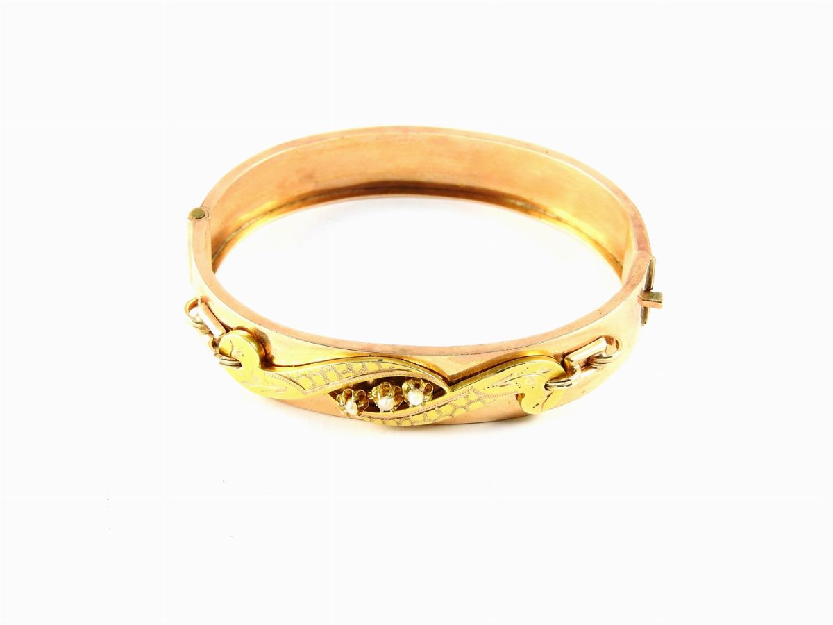 Bracciale Rigido in Oro Rosa e Giallo con Mezze Perle