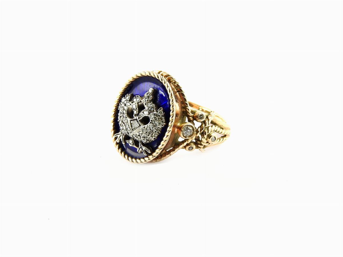 Anello in Oro Rosa a Bassa Lega, Diamanti e Smalti
