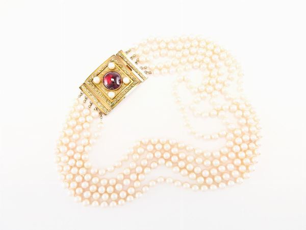 Five strands Akoya cultured pearls necklace with old low alloyed yellow gold clasp