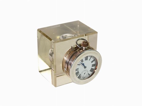 A Silver and Crystal Inkwell with a Silver-plated Pocket Clock