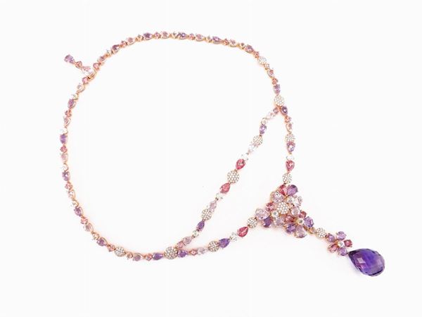 Yellow gold necklace with diamonds, pink tourmalines and amethyst quartzes