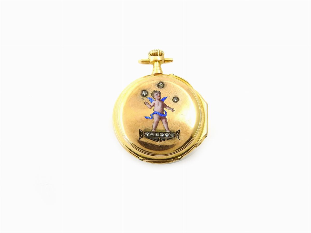 Orologio da Tasca in Oro Giallo, Diamanti e Smalti Policromi