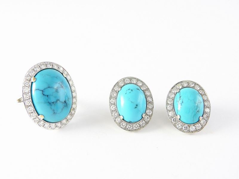 Demi Parure Anello e Orecchini a Margherita in Oro Bianco, Diamanti e Turchesi