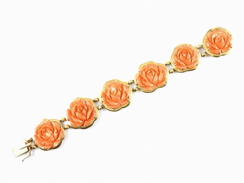 Bracciale in Oro Giallo e Corallo Rosso Arancio