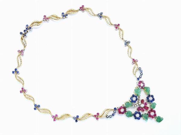 White and yellow gold necklace with diamonds, rubies, sapphires and emeralds