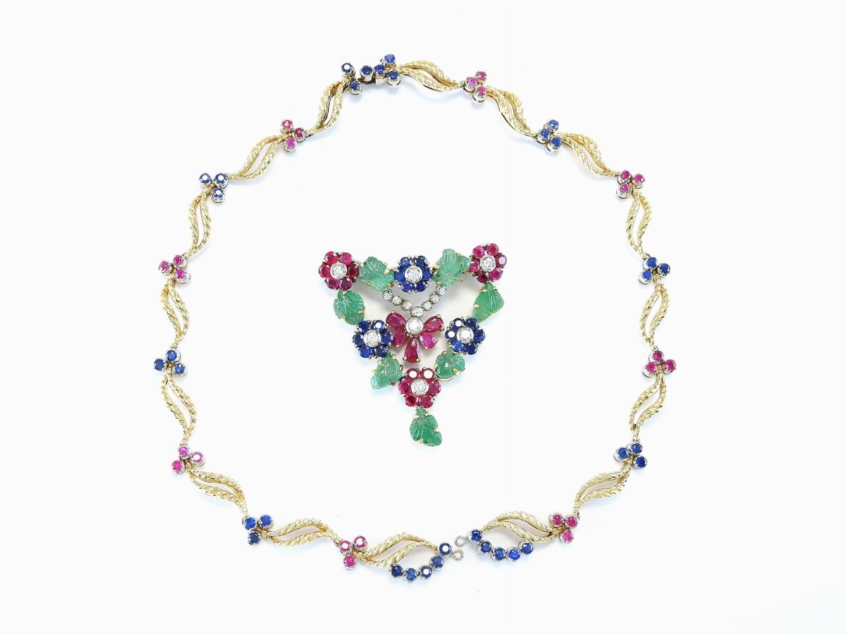 Collana in Oro Giallo e Bianco, Diamanti, Rubini, Zaffiri e Smeraldi