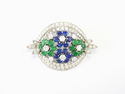 Spilla Calderoni in Oro Bianco, Diamanti, Zaffiri e Smeraldi