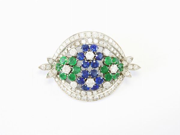 White gold Calderoni brooch with diamonds, sapphires and emeralds