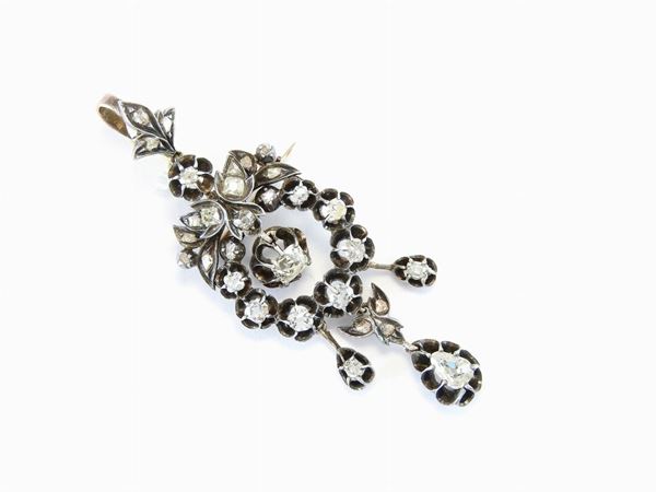 Yellow gold and silver brooch/pendant with diamonds