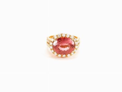 Anello a Margherita in Oro Giallo, Diamanti e Tormalina Rosa