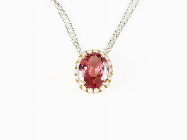 Double rolò white gold small chain and yellow gold daisy pendant with diamonds and pink tourmaline  - Auction Watches and Jewels - I - I - Maison Bibelot - Casa d'Aste Firenze - Milano