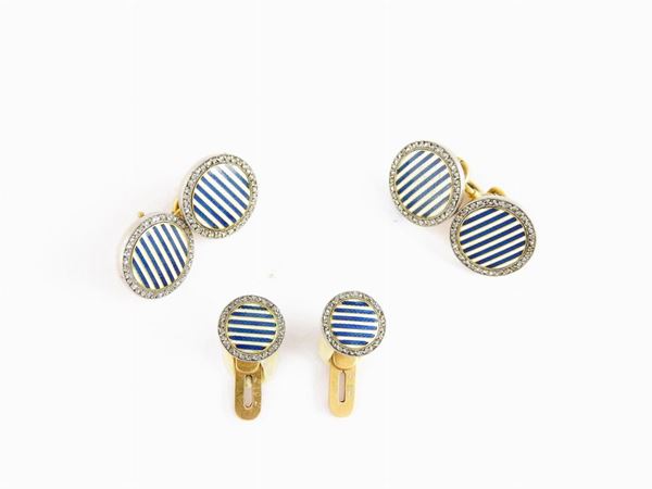 Yellow gold Cartier cuff-links and two shirt front buttons with diamonds and enamels