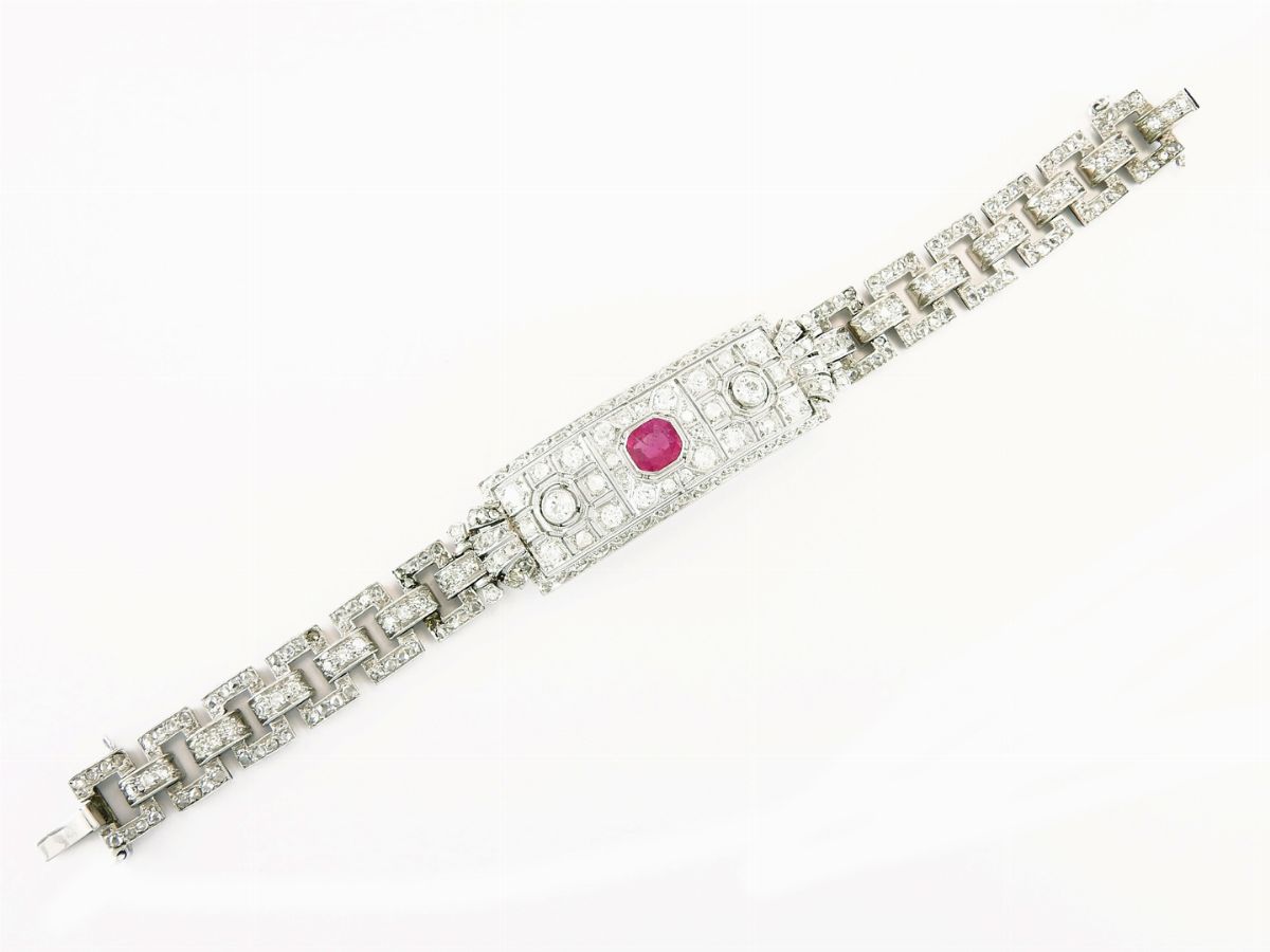 Bracciale in Oro Bianco, Diamanti e Rubino Naturale Birmano
