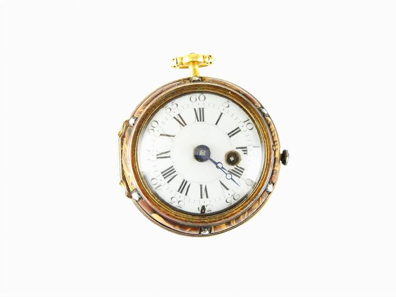 Orologio da Tasca in Bronzo Dorato, Diamanti e Pietra Paesina, Completo di Chiave di Carica