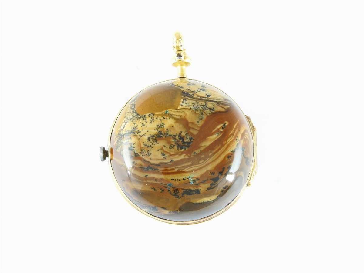 Orologio da Tasca in Bronzo Dorato, Diamanti e Pietra Paesina, Completo di Chiave di Carica