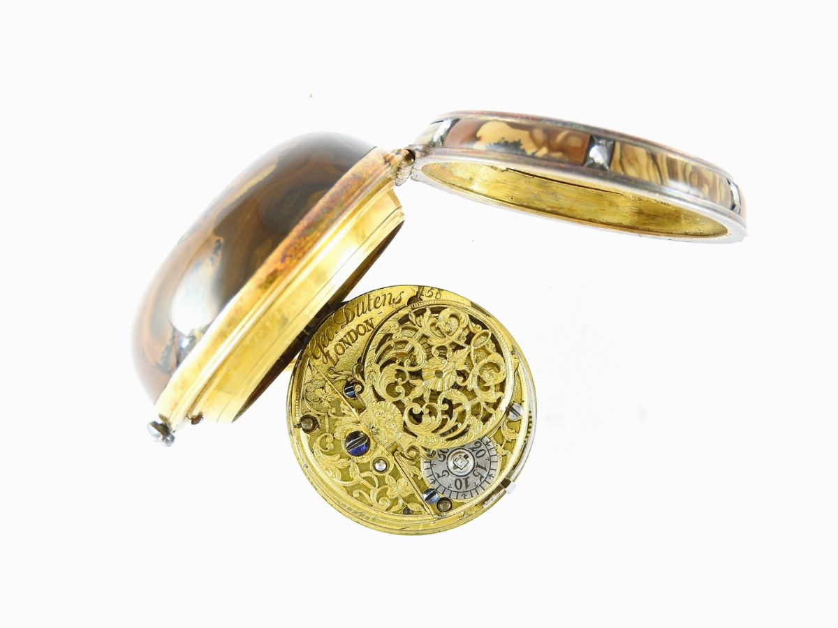 Orologio da Tasca in Bronzo Dorato, Diamanti e Pietra Paesina, Completo di Chiave di Carica