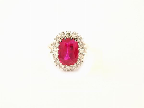 White gold daisy ring with diamonds and Burma natural ruby