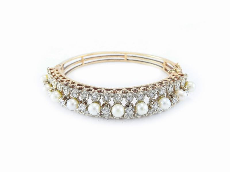 Bracciale Rigido in Oro Giallo e Bianco 585/1000 con Diamanti