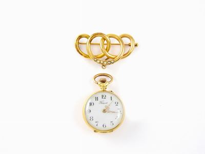 Spilla Orologio Tissot per Donna in Oro Giallo e Mezze Perle