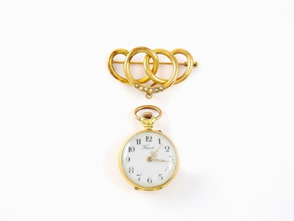 Yellow gold Tissot ladies watch brooch with half pearls