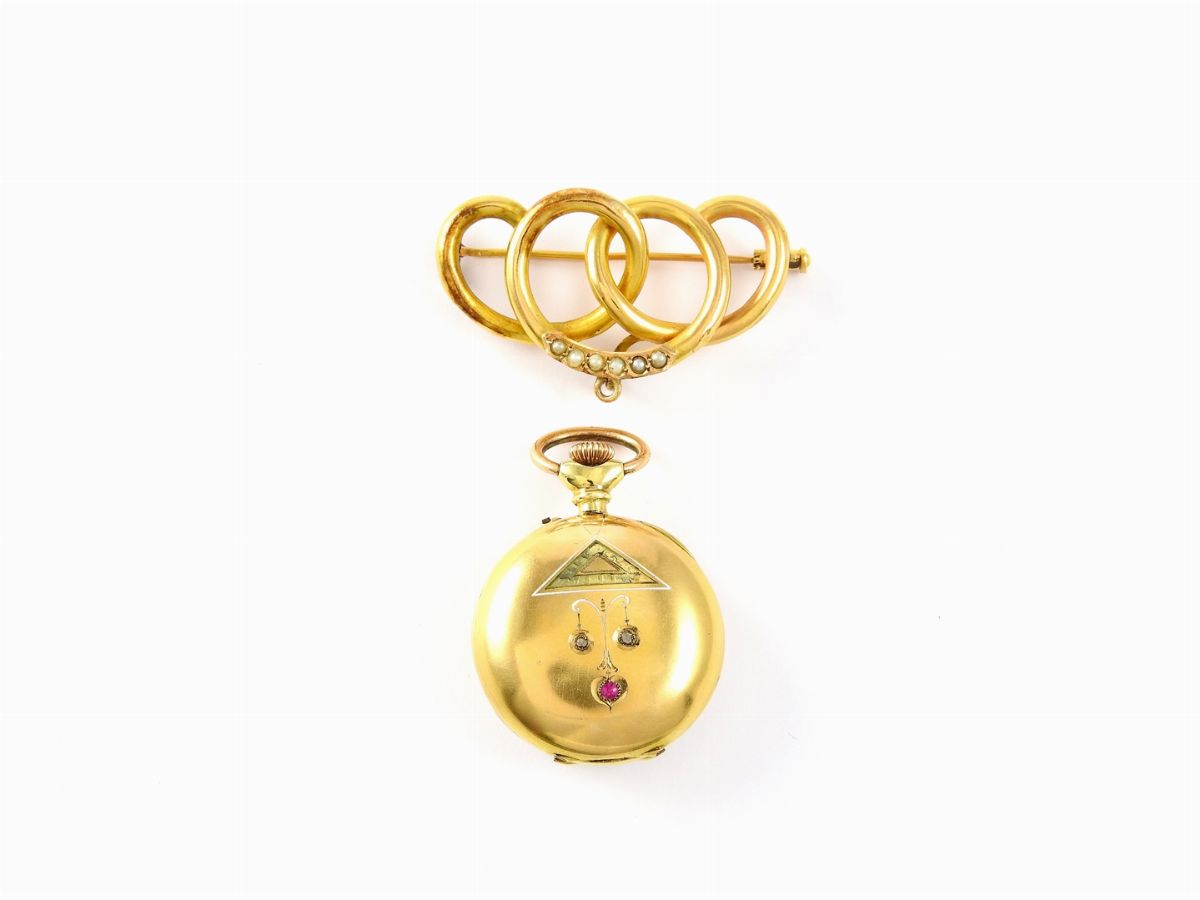 Spilla Orologio Tissot per Donna in Oro Giallo e Mezze Perle