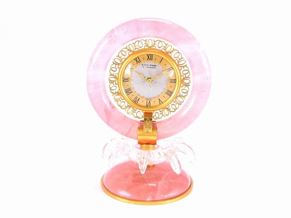 Gilded metal Black Starr & Gorham table clock with pink quartz and rock crystal