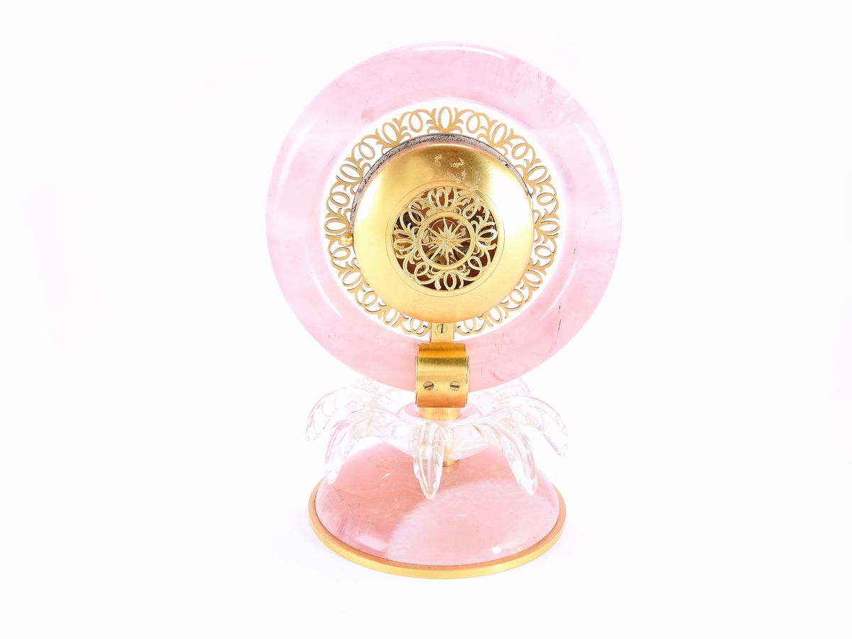 Orologio da Tavolo Black Starr & Gorham in Metallo Dorato, Quarzo Rosa e Cristallo di Rocca