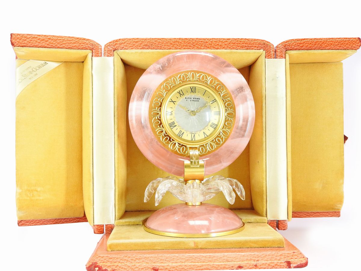 Orologio da Tavolo Black Starr & Gorham in Metallo Dorato, Quarzo Rosa e Cristallo di Rocca