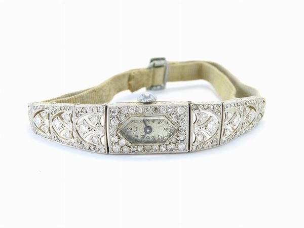 White gold Erdi ladies wristwatch with diamonds and beige satin
