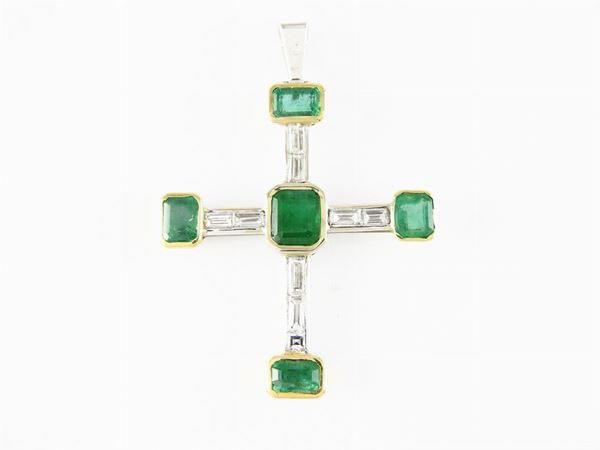 Yellow and white gold cross with diamonds and emeralds