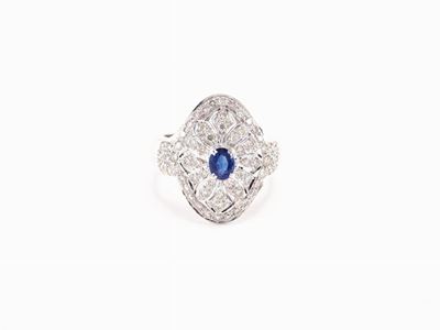 Anello in Oro Bianco, Diamanti e Zaffiro