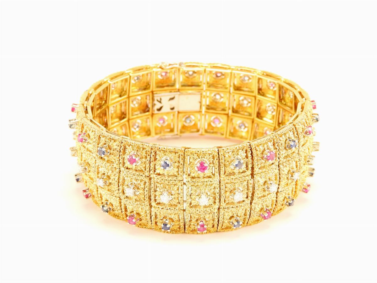 Bracciale in Oro Giallo, Diamanti, Rubini e Zaffiri