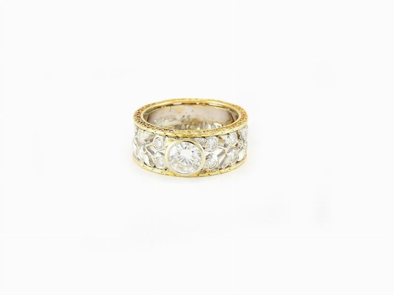Anello a Fascia Mario Buccellati in Oro Giallo e Bianco con Diamanti