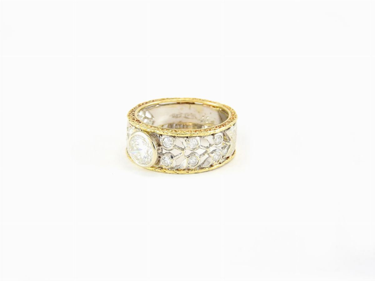 Anello a Fascia Mario Buccellati in Oro Giallo e Bianco con Diamanti
