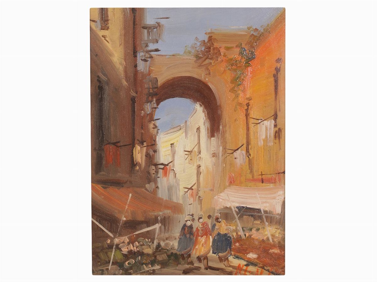 Norberto Martini - Paesaggio Fluviale con Figure e Scorcio di Mercato