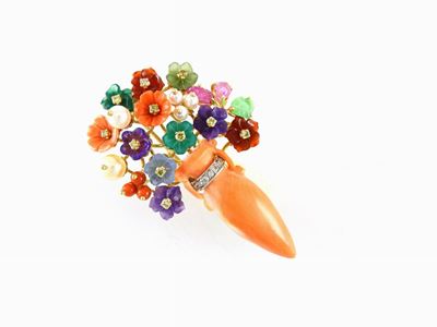 Spilla in Oro Giallo e Bianco, Diamanti Incolori e Gialli, Corallo, Perle, Smeraldi e Pietre Vari...