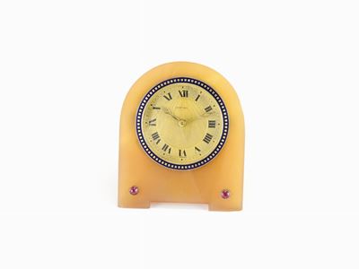Orologio da Tavolo Cartier in Agata e Rubini con Sostegno in Metallo Dorato