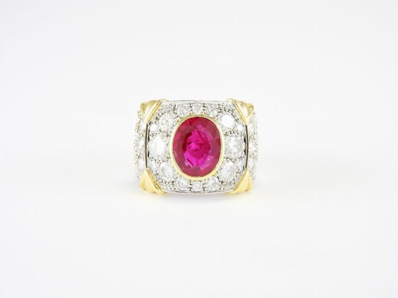 Anello Tapparini a Fascia in Oro Bianco e Giallo, Diamanti e Rubino